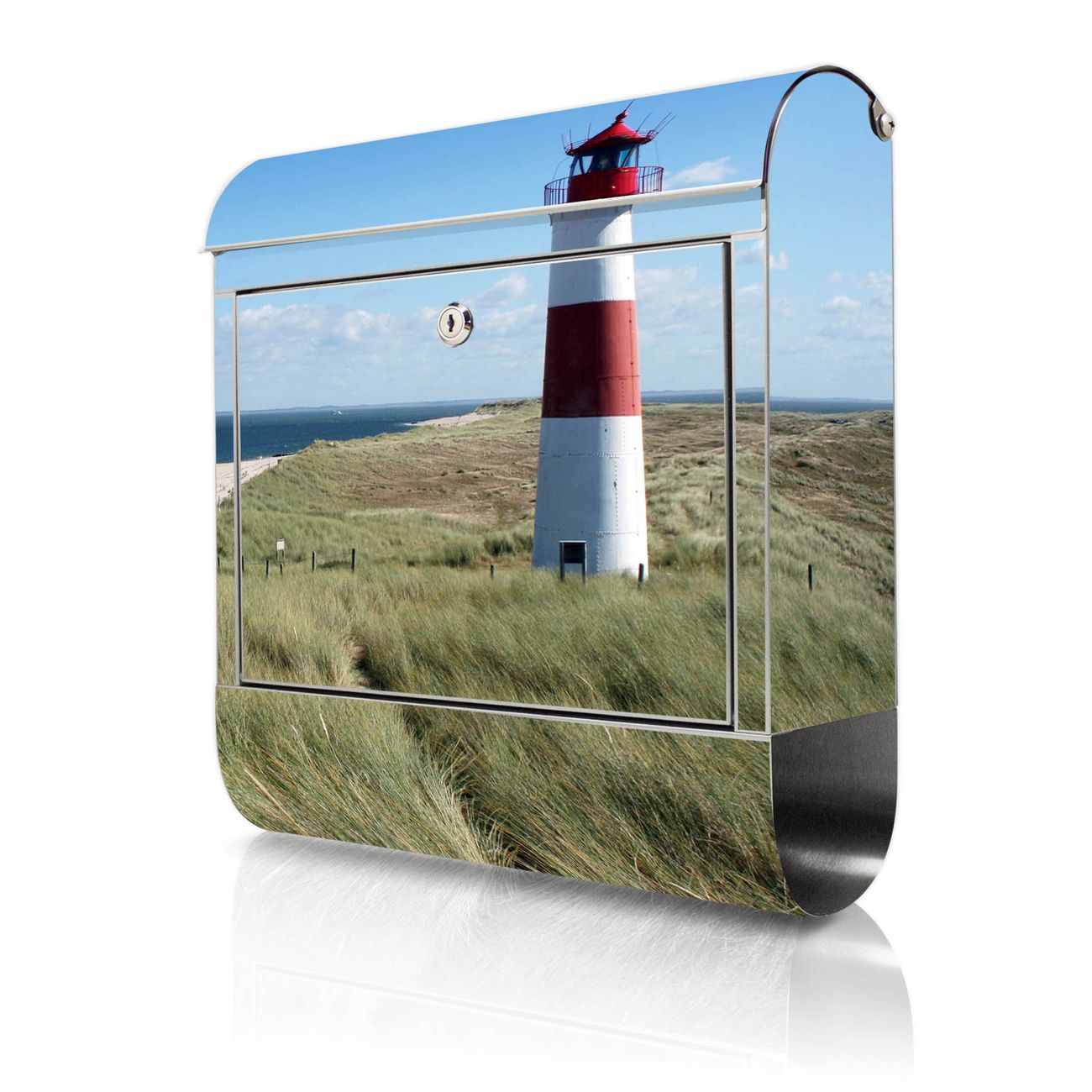 banjado Großer Briefkasten aus rostfreiem Edelstahl Motiv Leuchtturm 38x43x12,5cm - rostfreier 18/0 Edelstahl - inkl. Montagematerial, 2 Schlüssel