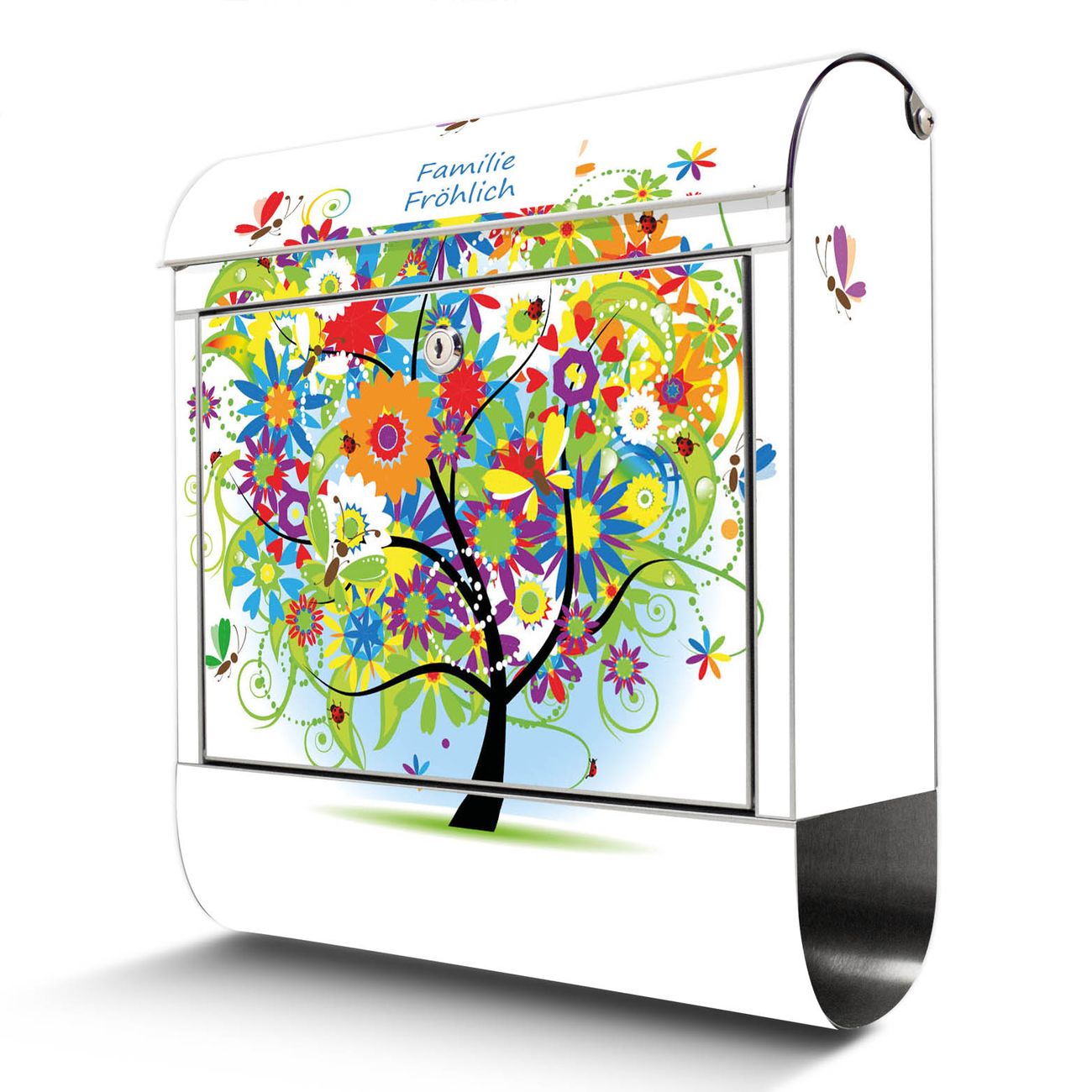 banjado Design 18/0 Edelstahl Briefkasten 38x43x12,5cm Wandbriefkasten mit Zeitungsfach und Motiv Zauberbaum - Postkasten A4 Einwurf, Zaunbriefkasten