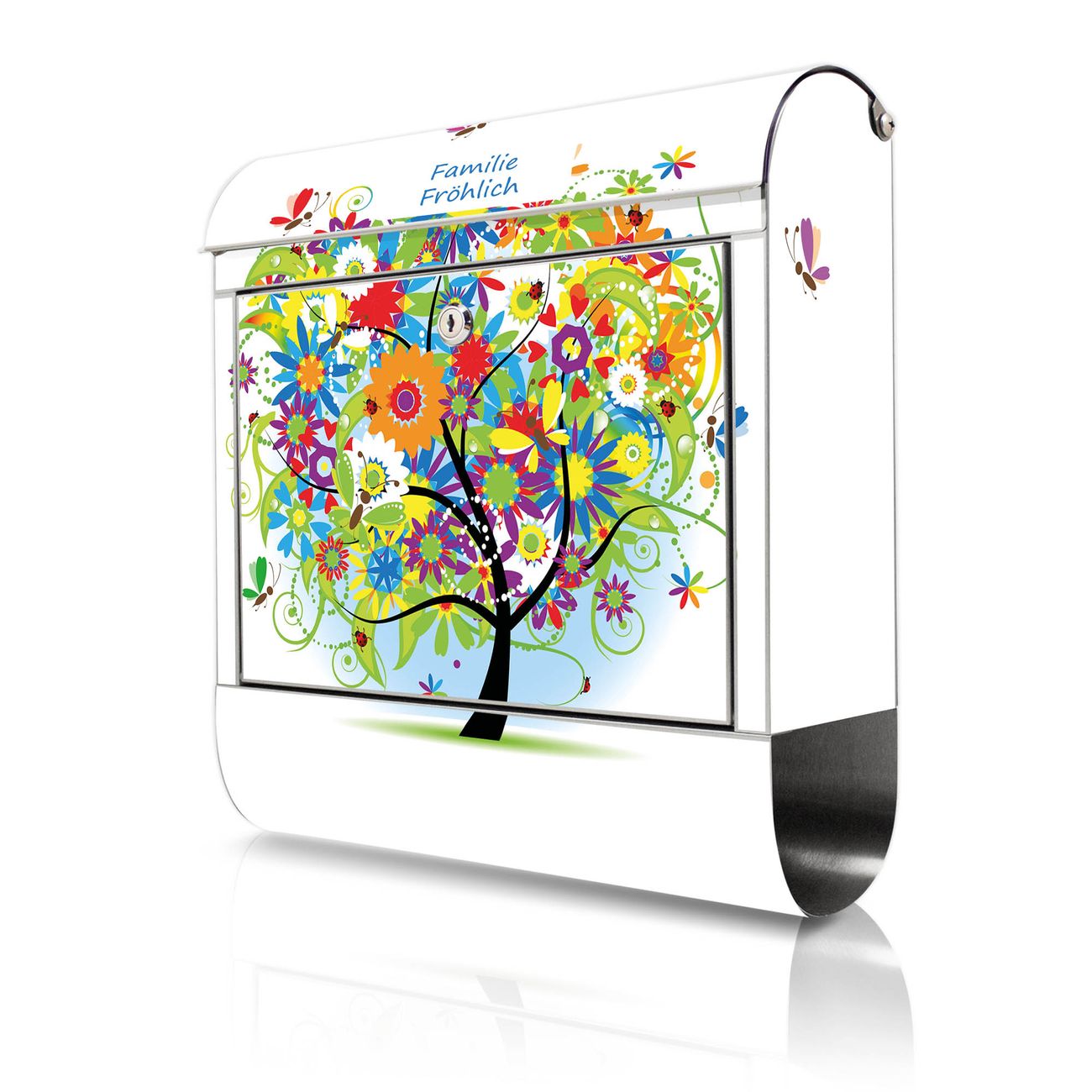 banjado Design 18/0 Edelstahl Briefkasten 38x43x12,5cm Wandbriefkasten mit Zeitungsfach und Motiv Zauberbaum - Postkasten A4 Einwurf, Zaunbriefkasten