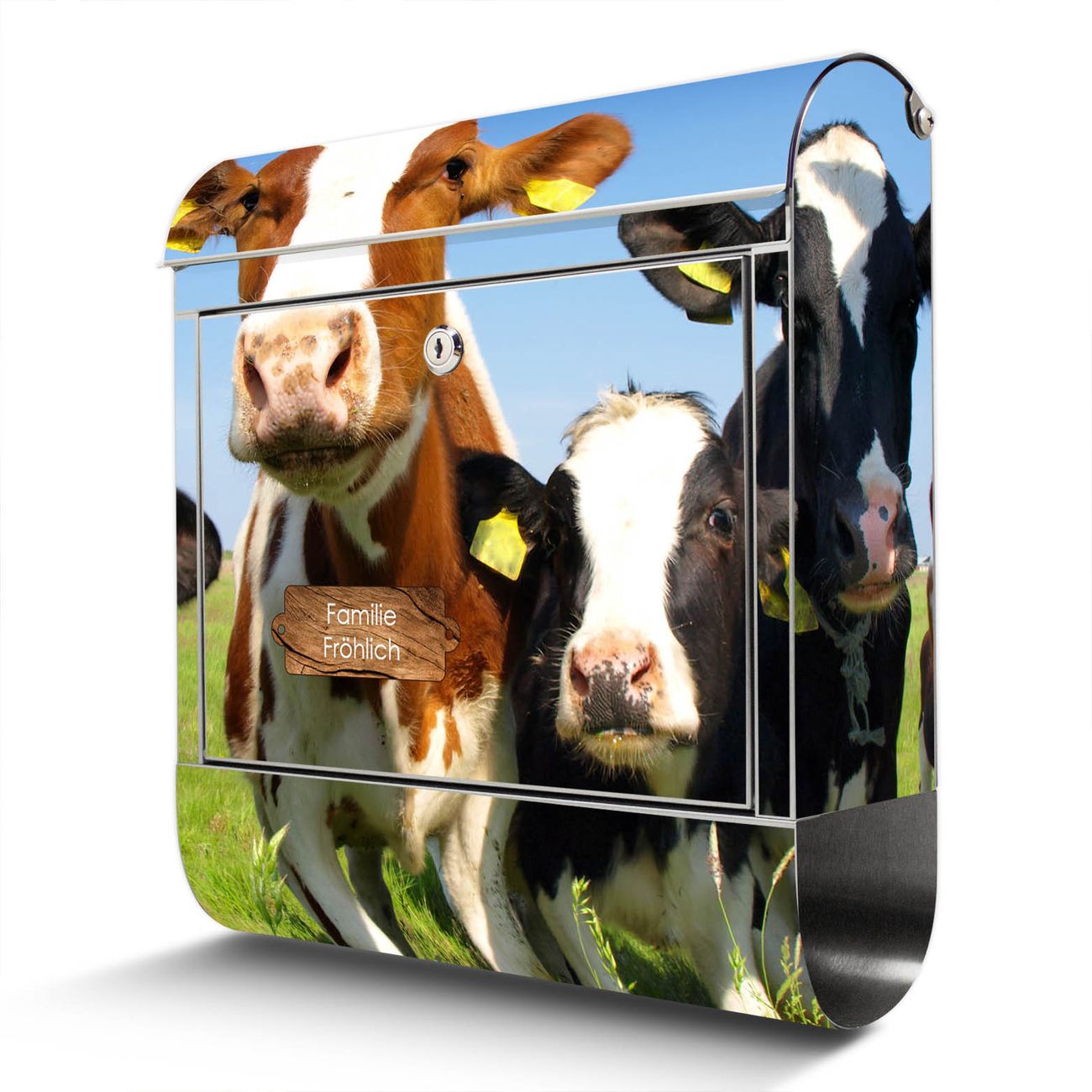 banjado großer Edelstahl Briefkasten, mit Zeitungsbox und Motiv Kühe 38x43x12,5cm - Postkasten A4 Einwurf inkl. Montagematerial und 2 Schlüssel