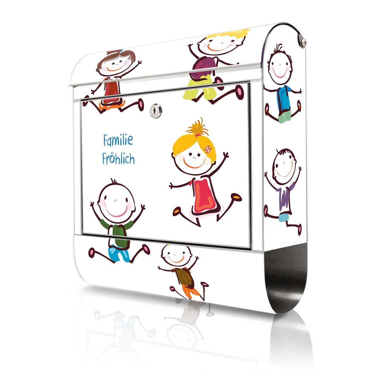 banjado großer Edelstahl Briefkasten, mit Zeitungsbox und Motiv Happy Kids 38x43x12,5cm - Postkasten A4 Einwurf inkl. Montagematerial und 2 Schlüssel