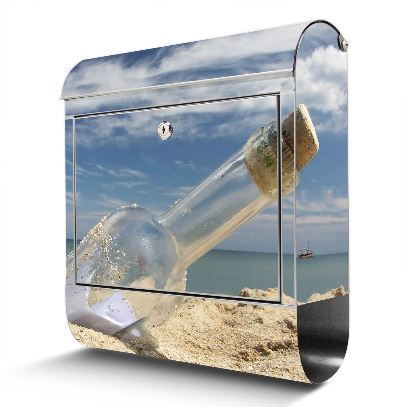 banjado Edelstahl Briefkasten mit Zeitungsfach, personalisiert mit Motiv Flaschenpost 38x43x12,5cm, Wandbriefkasten ausgefallen bunt inkl. Montagematerial