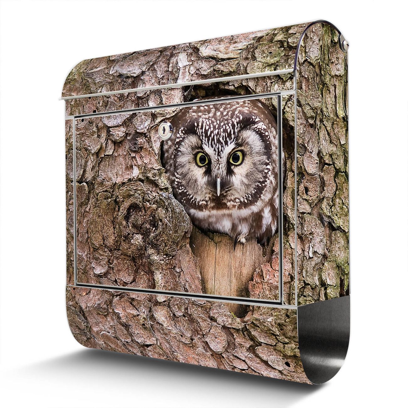 banjado Design 18/0 Edelstahl Briefkasten 38x43x12,5cm Wandbriefkasten mit Zeitungsfach und Motiv Eule - Postkasten A4 Einwurf, Zaunbriefkasten