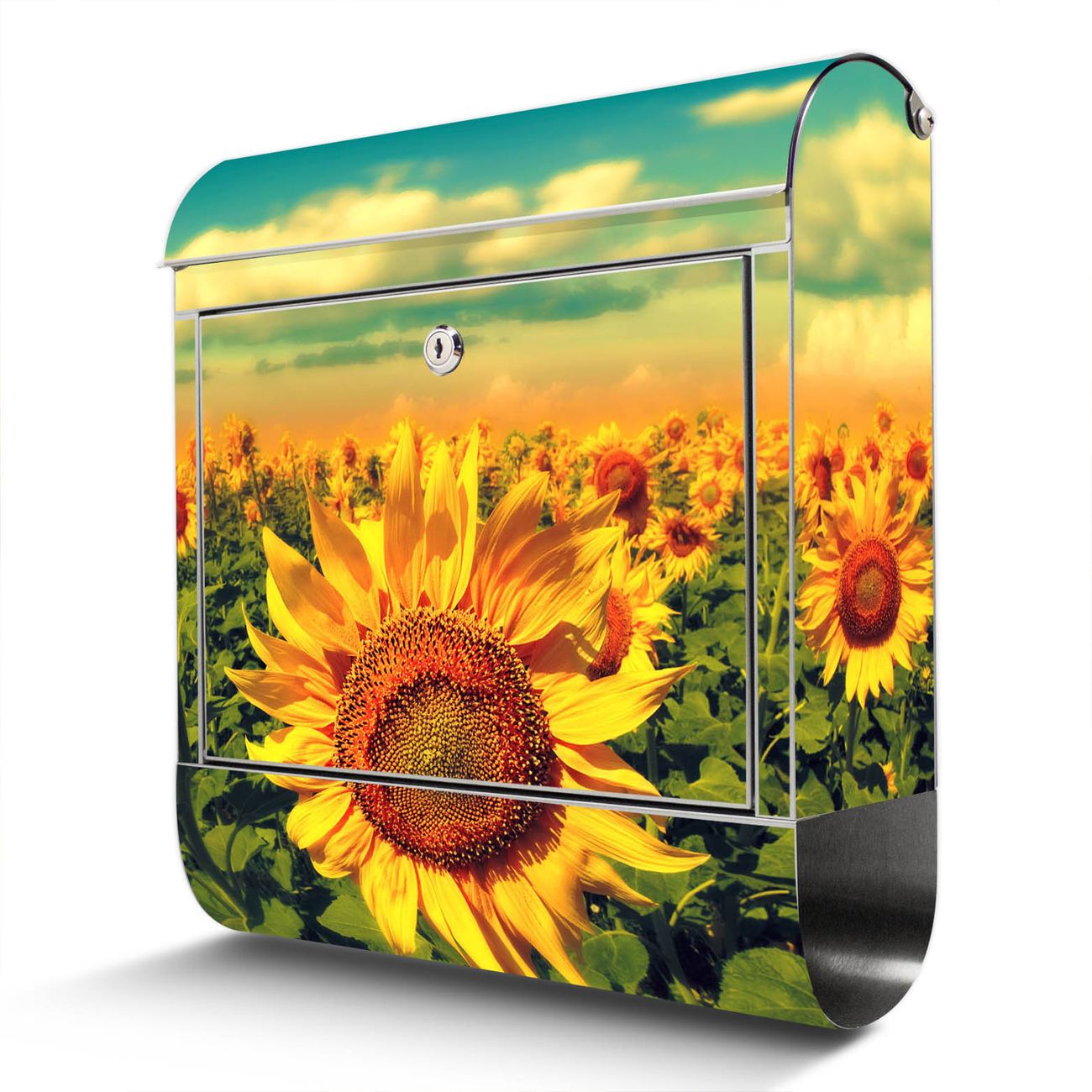banjado Edelstahl Briefkasten mit Zeitungsfach, personalisiert mit Motiv Sonnenblumen 38x43x12,5cm, Wandbriefkasten ausgefallen bunt inkl. Montagematerial