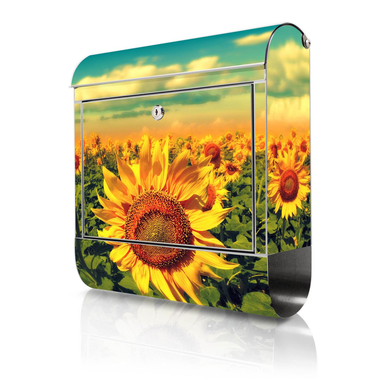 banjado Edelstahl Briefkasten mit Zeitungsfach, personalisiert mit Motiv Sonnenblumen 38x43x12,5cm, Wandbriefkasten ausgefallen bunt inkl. Montagematerial
