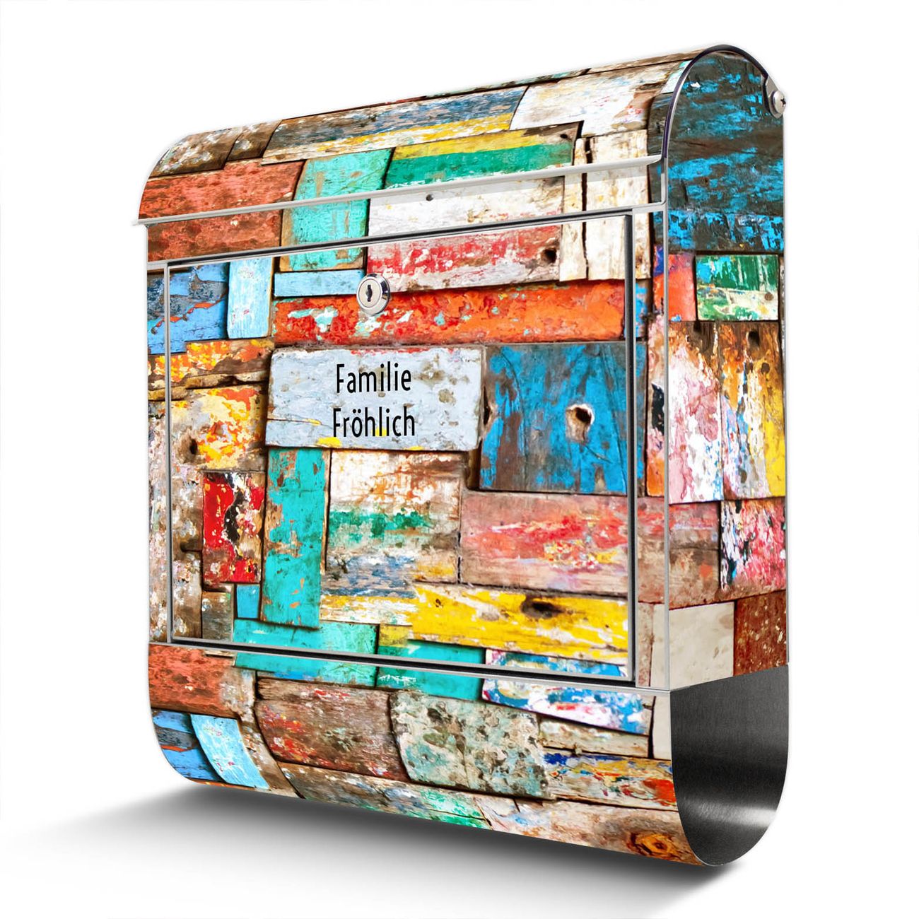 banjado großer Edelstahl Briefkasten, mit Zeitungsbox und Motiv Holz bunt 38x43x12,5cm - Postkasten A4 Einwurf inkl. Montagematerial und 2 Schlüssel