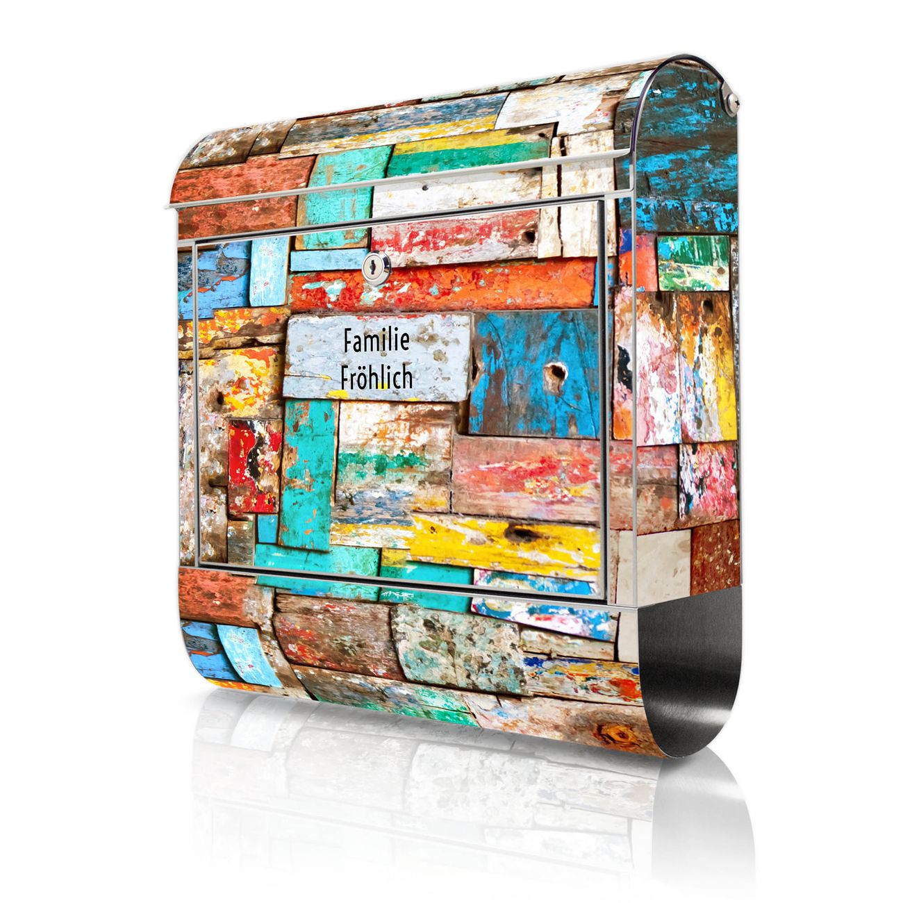 banjado großer Edelstahl Briefkasten, mit Zeitungsbox und Motiv Holz bunt 38x43x12,5cm - Postkasten A4 Einwurf inkl. Montagematerial und 2 Schlüssel