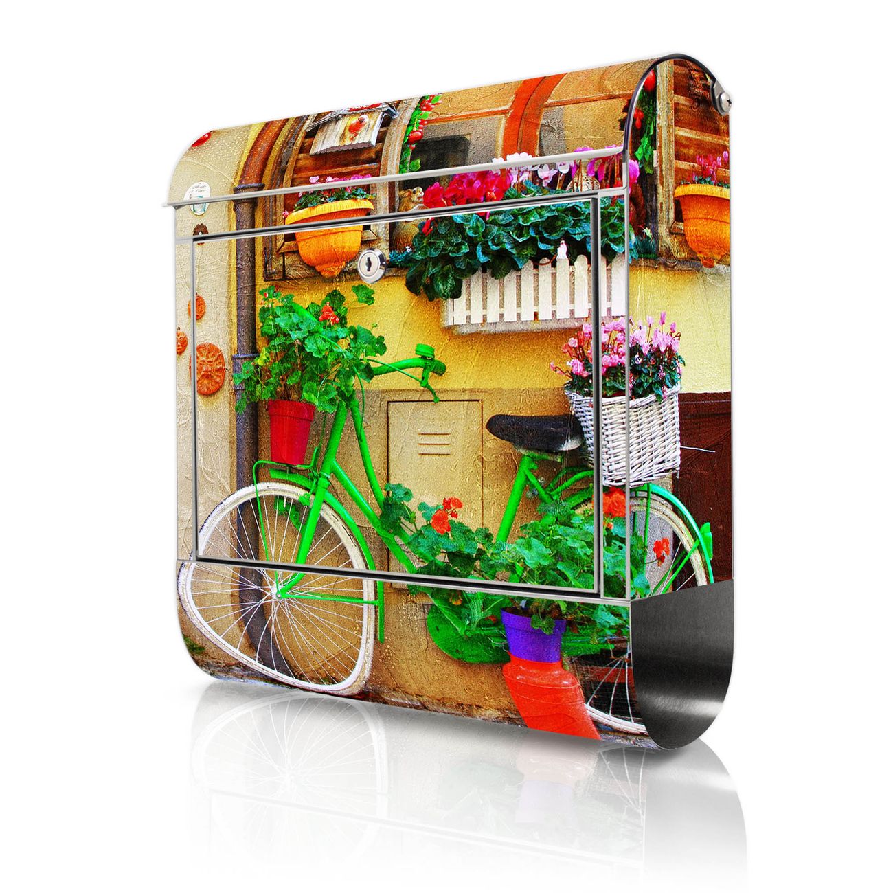 banjado Großer Briefkasten aus rostfreiem Edelstahl Motiv Grünes Fahrrad 38x43x12,5cm - rostfreier 18/0 Edelstahl - inkl. Montagematerial, 2 Schlüssel