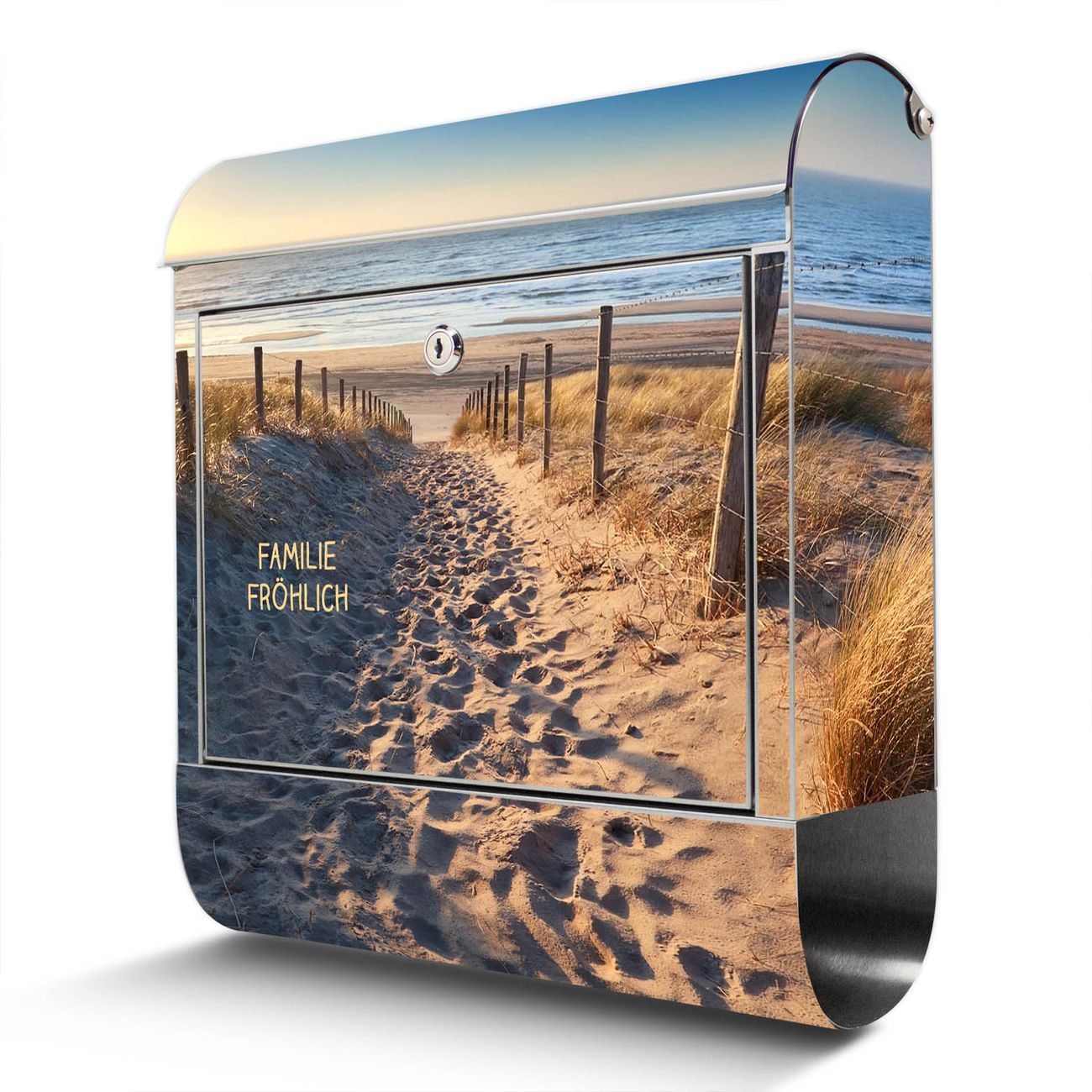 banjado Edelstahl Briefkasten mit Zeitungsfach, personalisiert mit Motiv Nordseestrand 38x43x12,5cm, Wandbriefkasten ausgefallen bunt inkl. Montagematerial