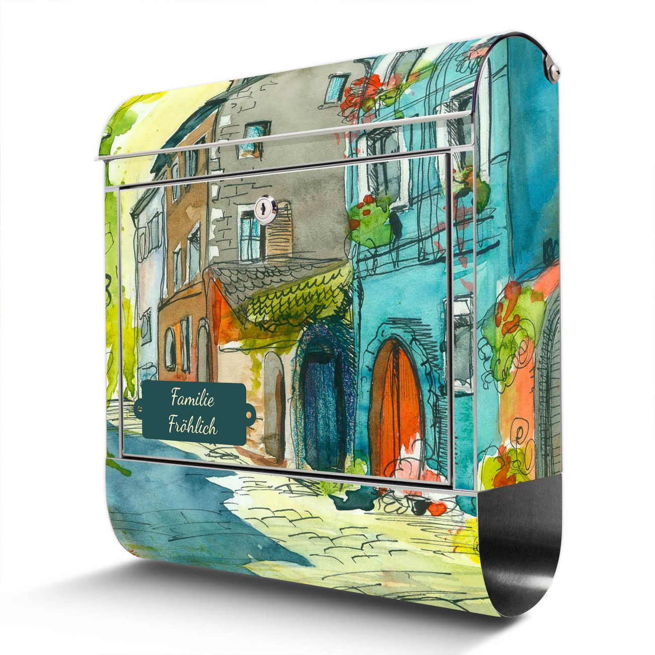 banjado Großer Briefkasten aus rostfreiem Edelstahl Motiv Stadtkern 38x43x12,5cm - rostfreier 18/0 Edelstahl - inkl. Montagematerial, 2 Schlüssel