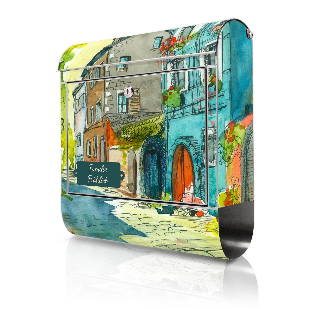 banjado Großer Briefkasten aus rostfreiem Edelstahl Motiv Stadtkern 38x43x12,5cm - rostfreier 18/0 Edelstahl - inkl. Montagematerial, 2 Schlüssel