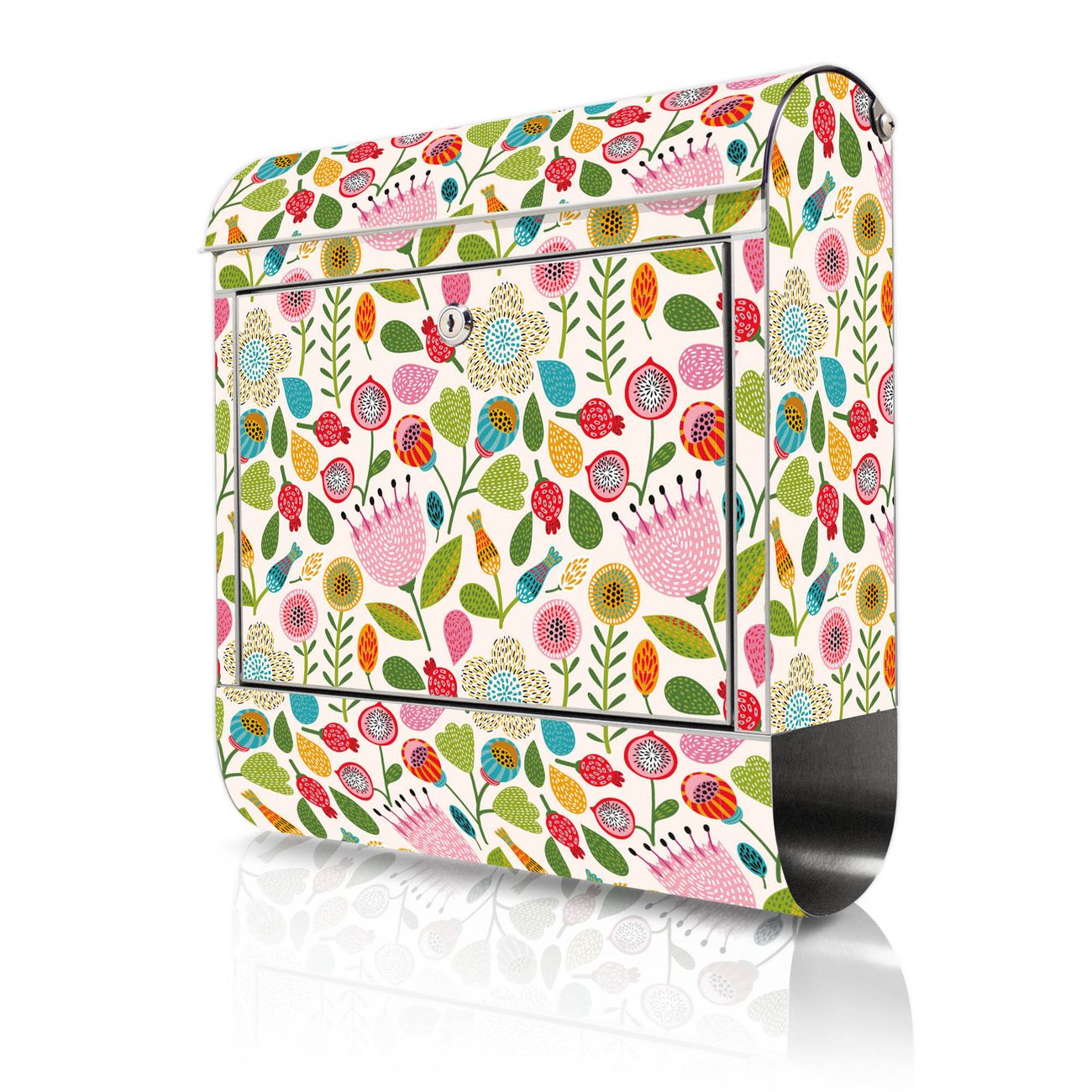 banjado Edelstahl Briefkasten mit Zeitungsfach, personalisiert mit Motiv Rosa Kelch Hell 38x43x12,5cm, Wandbriefkasten ausgefallen bunt inkl. Montagematerial