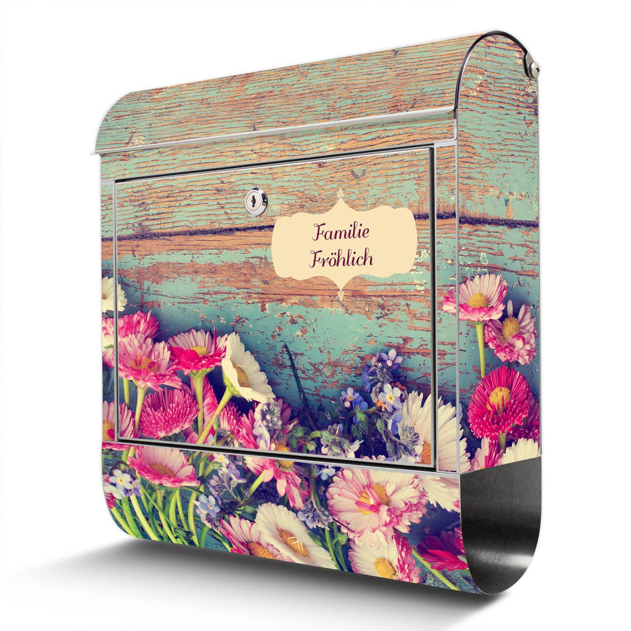 banjado großer Edelstahl Briefkasten, mit Zeitungsbox und Motiv Blumenpfücken 38x43x12,5cm - Postkasten A4 Einwurf inkl. Montagematerial und 2 Schlüssel