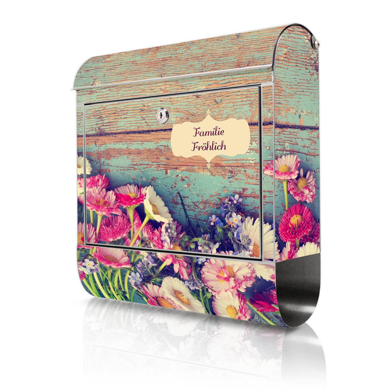 banjado großer Edelstahl Briefkasten, mit Zeitungsbox und Motiv Blumenpfücken 38x43x12,5cm - Postkasten A4 Einwurf inkl. Montagematerial und 2 Schlüssel