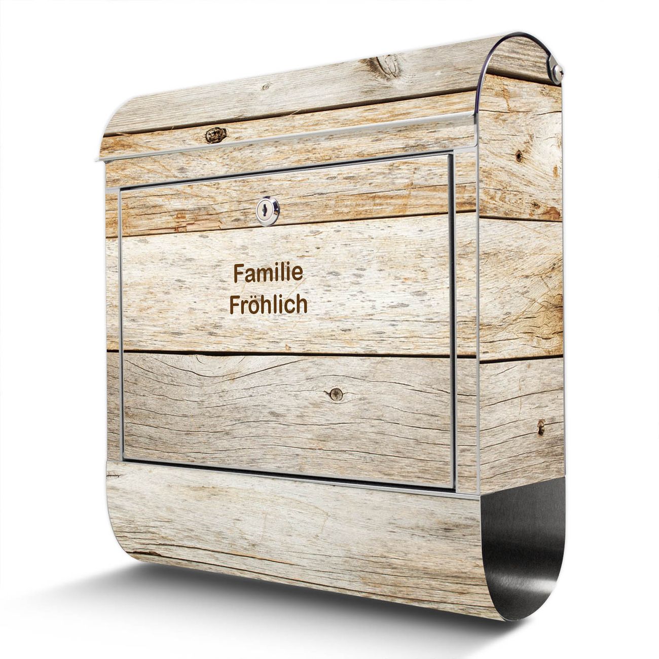 banjado Großer Briefkasten aus rostfreiem Edelstahl Motiv Graues Holz 38x43x12,5cm - rostfreier 18/0 Edelstahl - inkl. Montagematerial, 2 Schlüssel
