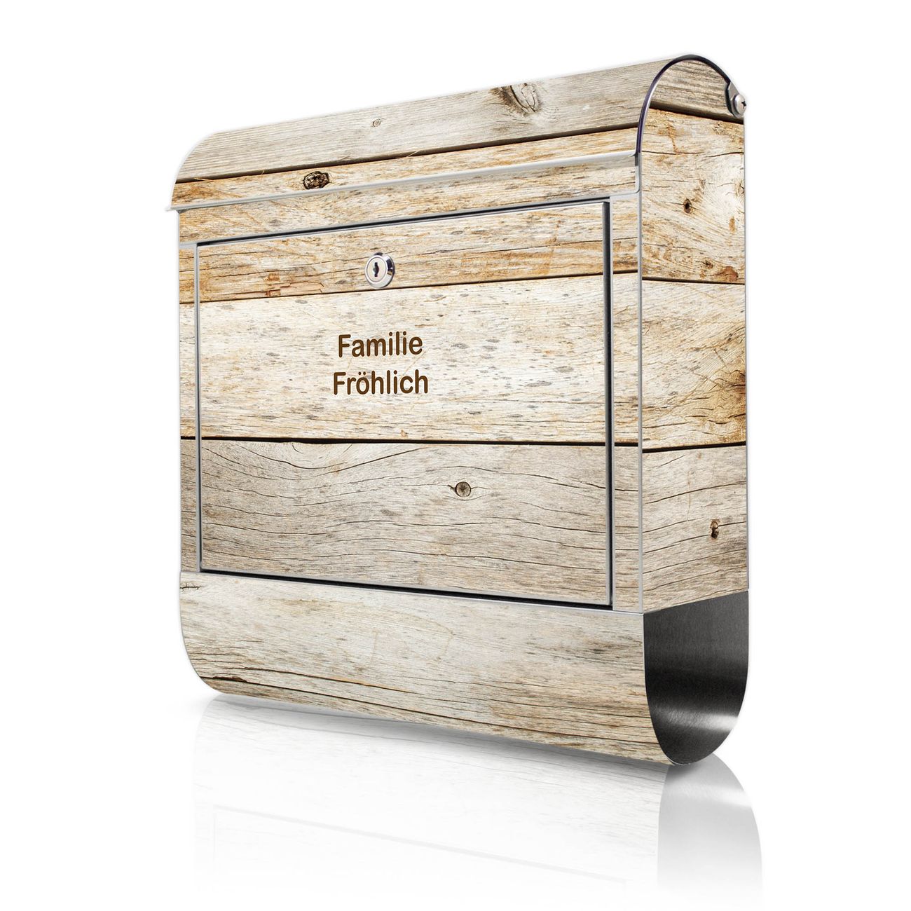 banjado Großer Briefkasten aus rostfreiem Edelstahl Motiv Graues Holz 38x43x12,5cm - rostfreier 18/0 Edelstahl - inkl. Montagematerial, 2 Schlüssel