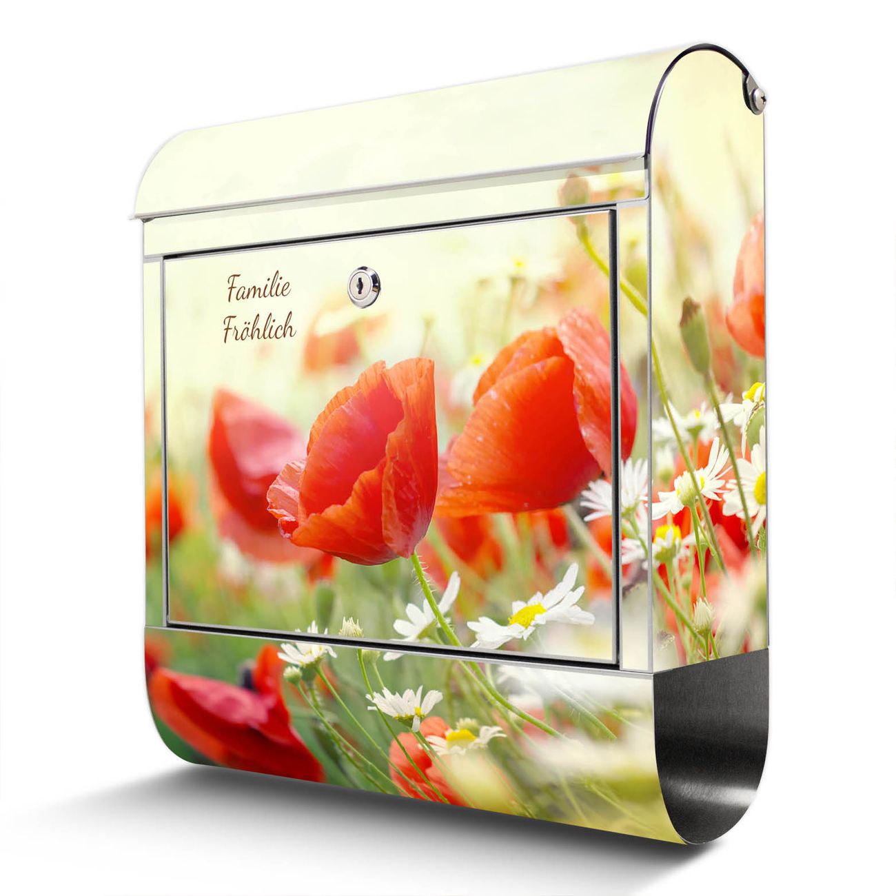 banjado Design 18/0 Edelstahl Briefkasten 38x43x12,5cm Wandbriefkasten mit Zeitungsfach und Motiv Kamille & Mohn - Postkasten A4 Einwurf, Zaunbriefkasten