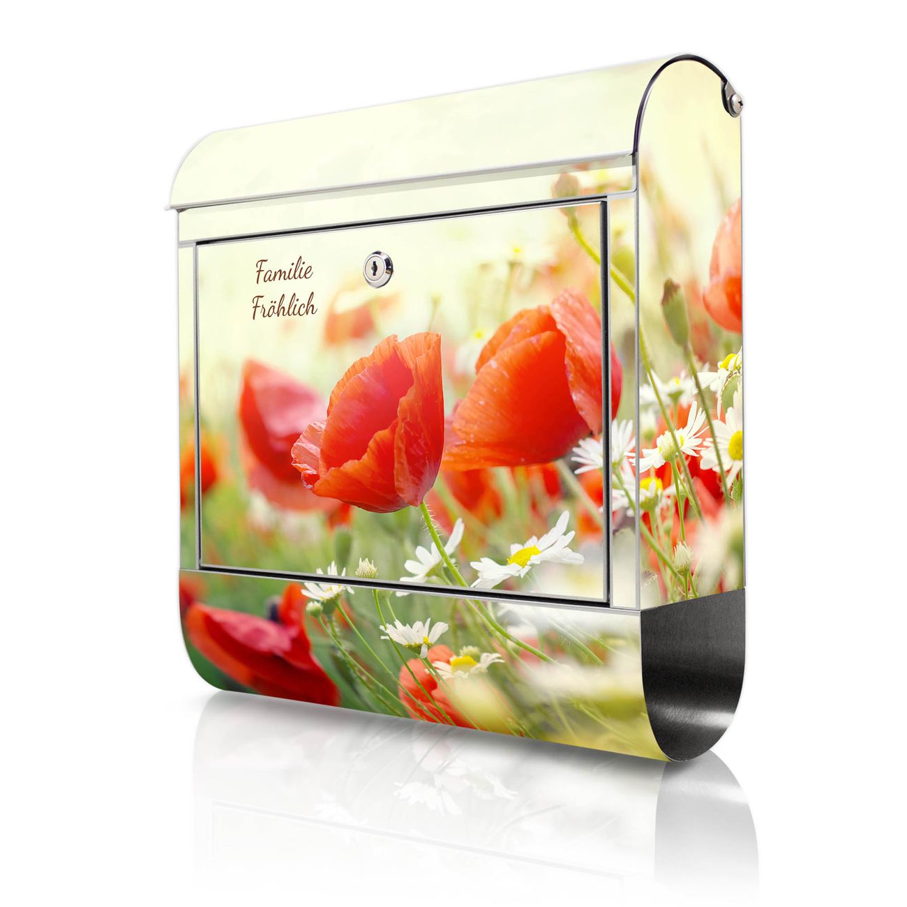 banjado Design 18/0 Edelstahl Briefkasten 38x43x12,5cm Wandbriefkasten mit Zeitungsfach und Motiv Kamille & Mohn - Postkasten A4 Einwurf, Zaunbriefkasten