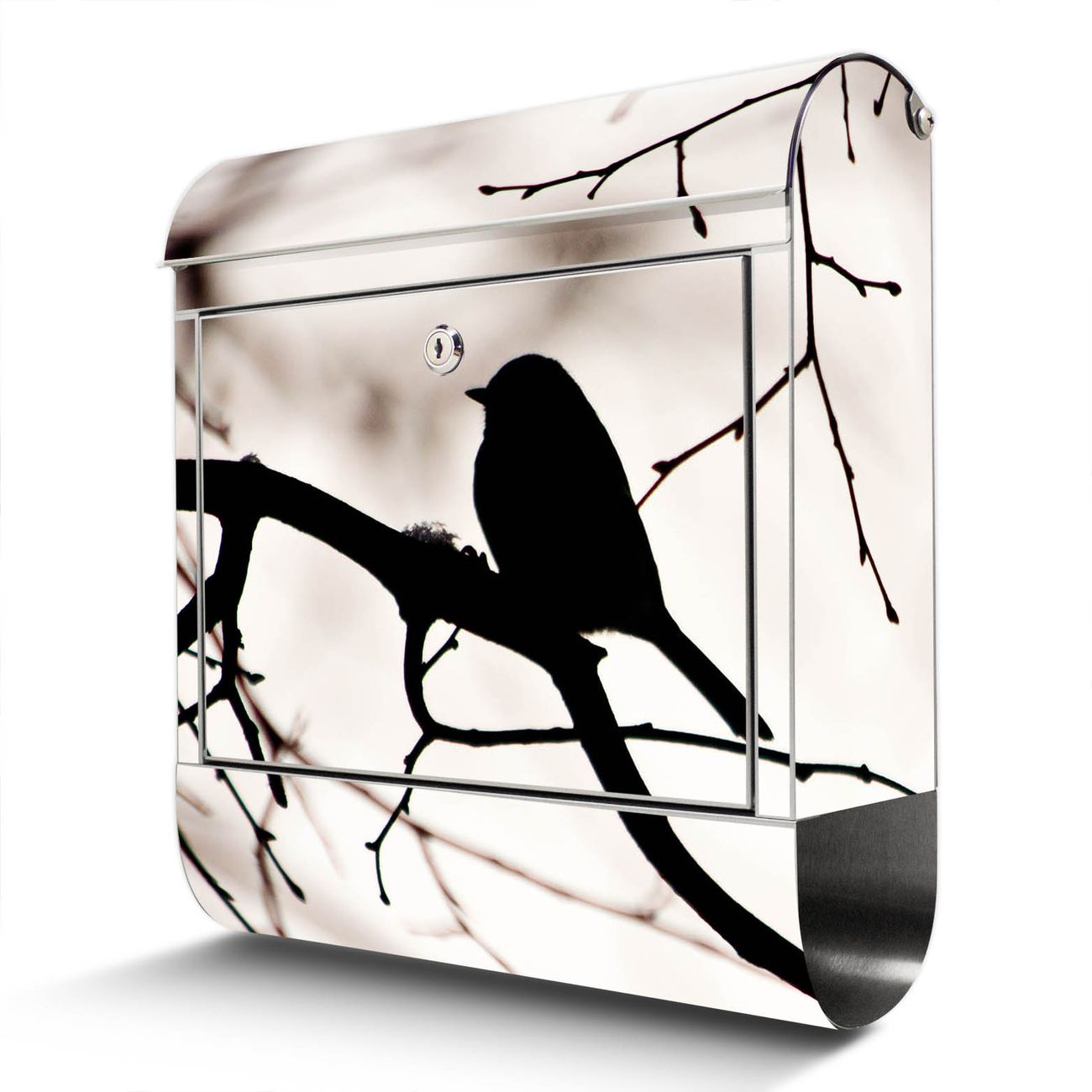 banjado großer Edelstahl Briefkasten, mit Zeitungsbox und Motiv Früher Vogel 38x43x12,5cm - Postkasten A4 Einwurf inkl. Montagematerial und 2 Schlüssel