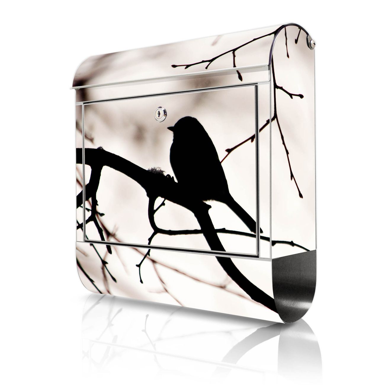 banjado großer Edelstahl Briefkasten, mit Zeitungsbox und Motiv Früher Vogel 38x43x12,5cm - Postkasten A4 Einwurf inkl. Montagematerial und 2 Schlüssel