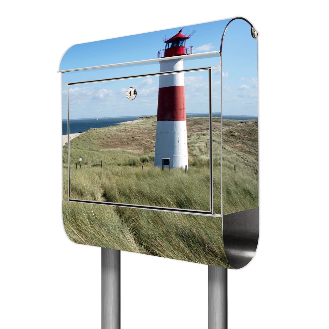 banjado Edelstahl Briefkasten freistehend mit Zeitungsbox und Motiv Leuchtturm 38x161,5x14cm rostfreier 18/0 Edelstahl inkl. Montagematerial 2 Schlüssel