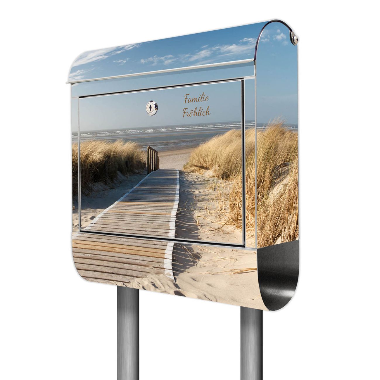 banjado Edelstahl Briefkasten rostfrei mit Standfuß und Zeitungsfach, Motiv Dünen 38x161,5x14cm - Postkasten A4 Einwurf inkl. Montagematerial