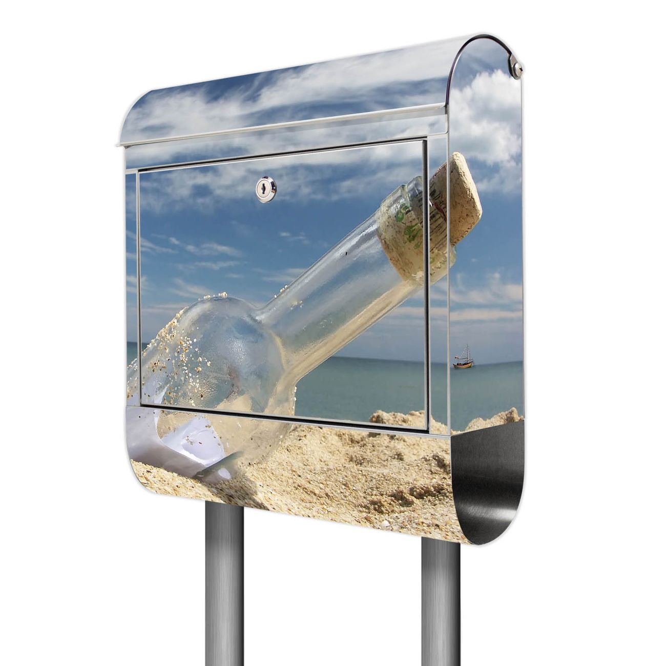 banjado Edelstahl Standbriefkasten personalisiert mit Motiv Flaschenpost 38x161,5x14cm - Wandbriefkasten ausgefallen bunt inkl. Montagematerial