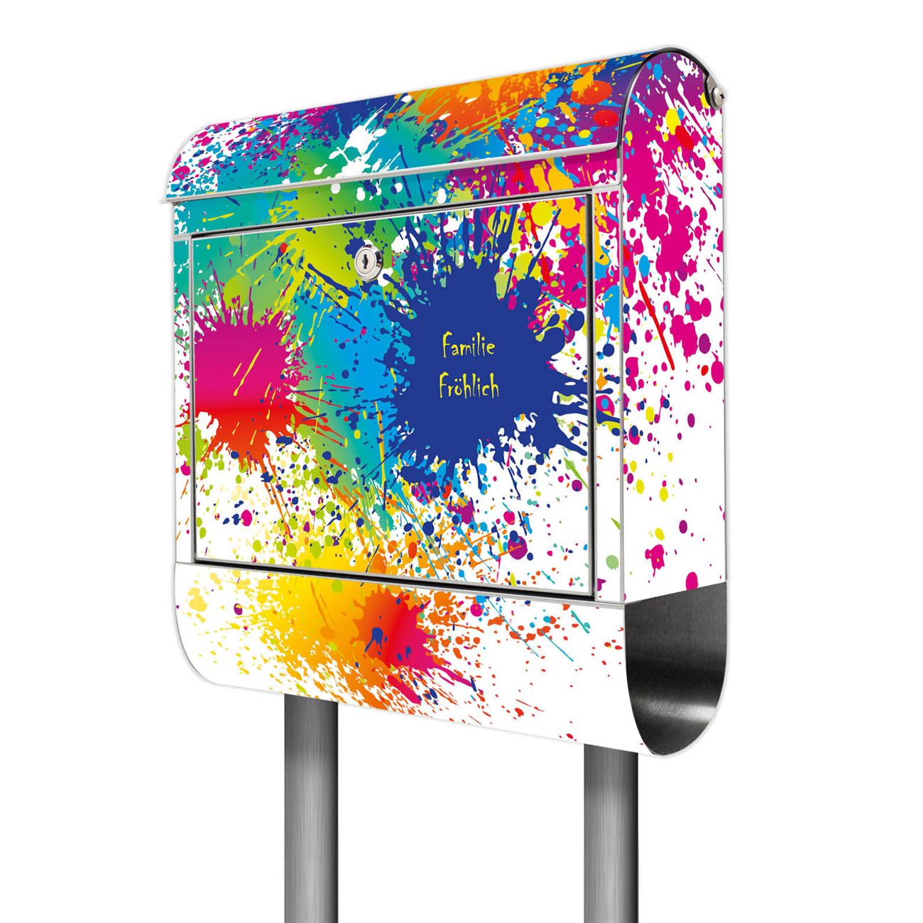 banjado Edelstahl Briefkasten rostfrei mit Standfuß und Zeitungsfach, Motiv Farbspritzer 38x161,5x14cm - Postkasten A4 Einwurf inkl. Montagematerial