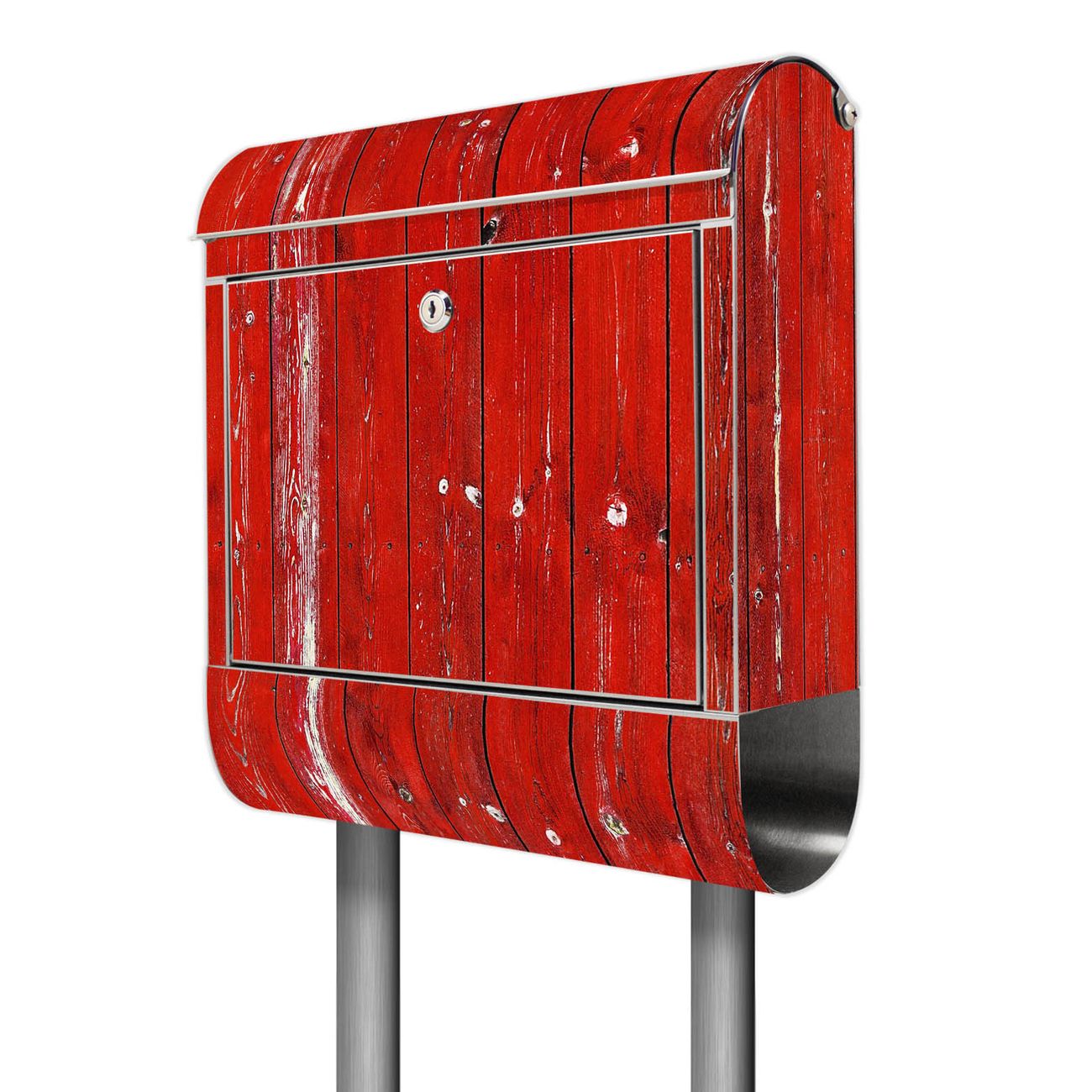 banjado Edelstahl Briefkasten rostfrei mit Standfuß und Zeitungsfach, Motiv Holz Rot 38x161,5x14cm - Postkasten A4 Einwurf inkl. Montagematerial