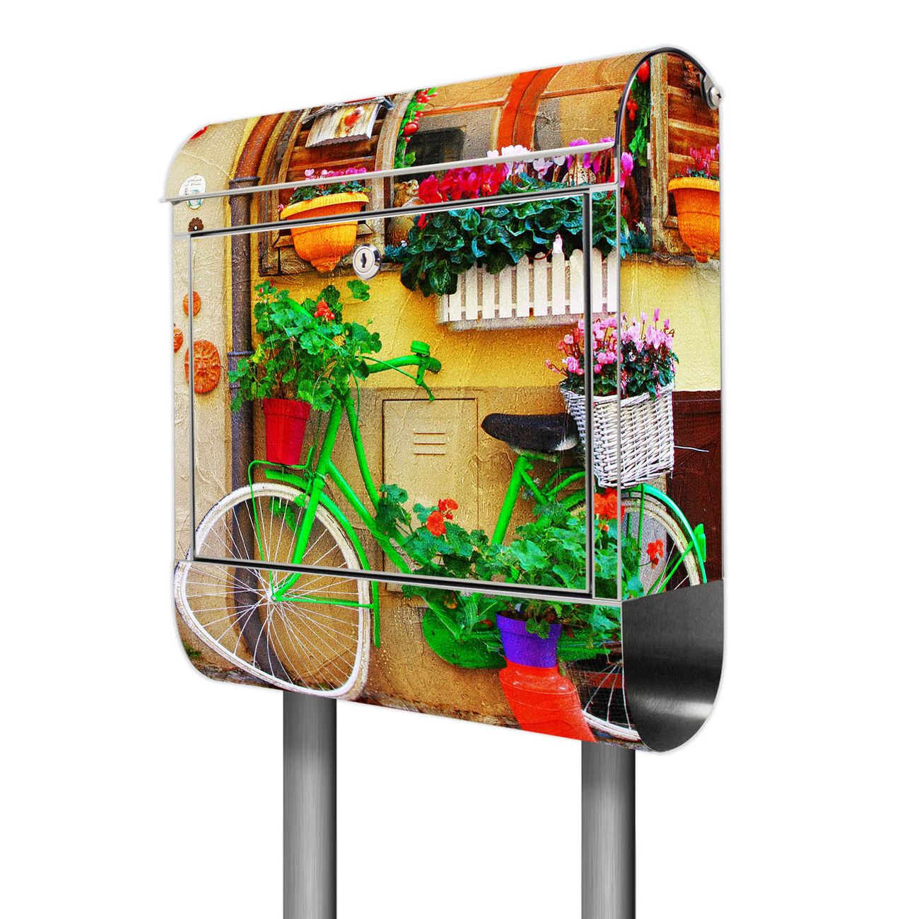 banjado Edelstahl Briefkasten freistehend mit Zeitungsbox und Motiv Grünes Fahrrad 38x161,5x14cm rostfreier 18/0 Edelstahl inkl. Montagematerial 2 Schlüssel