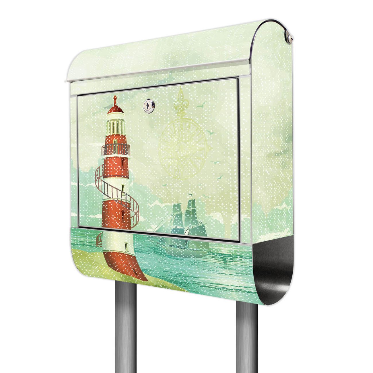 banjado Edelstahl Briefkasten rostfrei mit Standfuß und Zeitungsfach, Motiv Leuchtturm 38x161,5x14cm - Postkasten A4 Einwurf inkl. Montagematerial