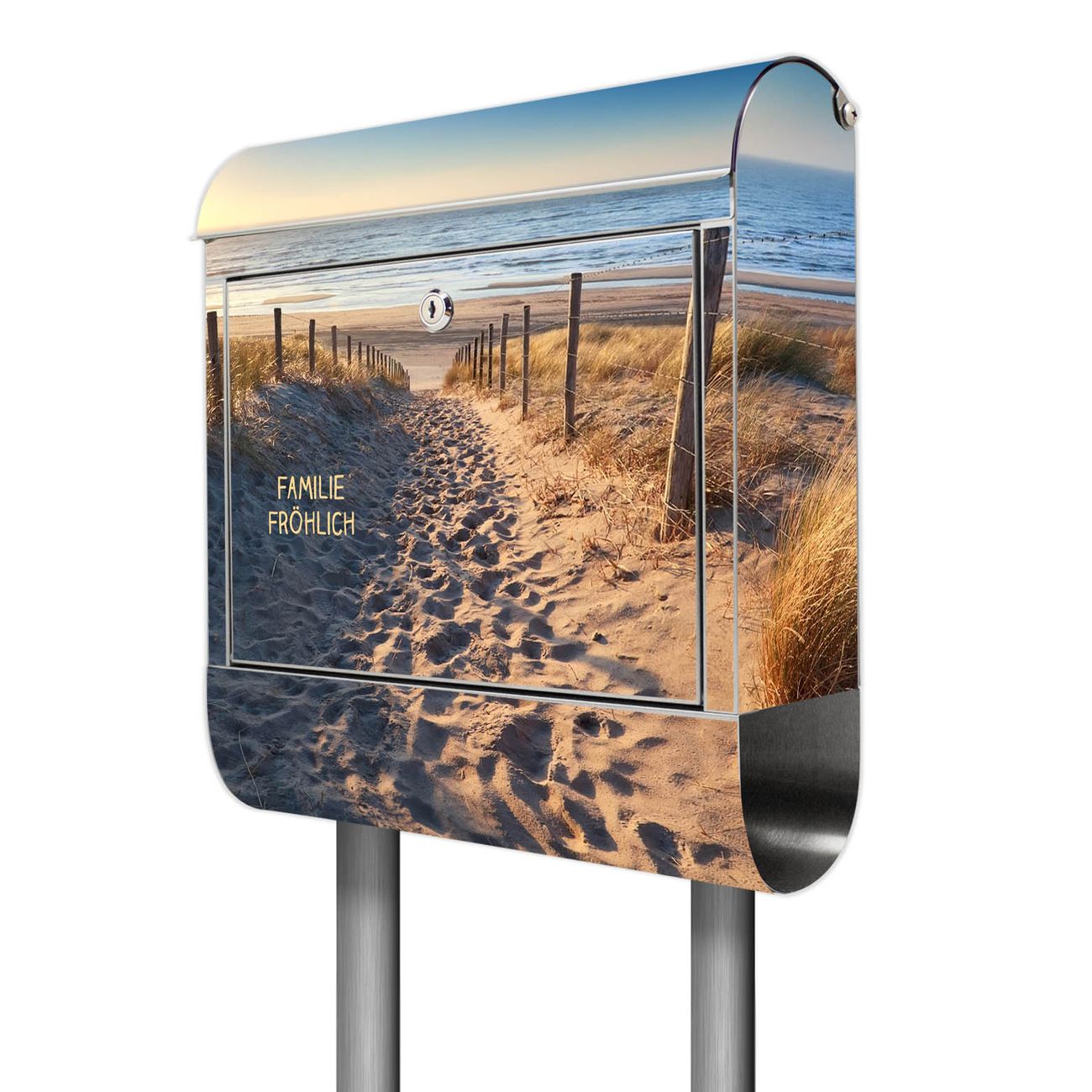 banjado Edelstahl Standbriefkasten personalisiert mit Motiv Nordseestrand 38x161,5x14cm - Wandbriefkasten ausgefallen bunt inkl. Montagematerial