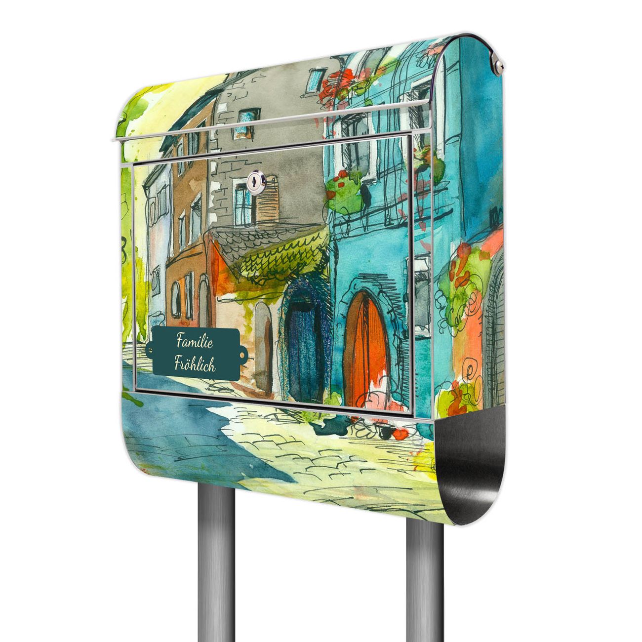 banjado Edelstahl Briefkasten freistehend mit Zeitungsbox und Motiv Stadtkern 38x161,5x14cm rostfreier 18/0 Edelstahl inkl. Montagematerial 2 Schlüssel