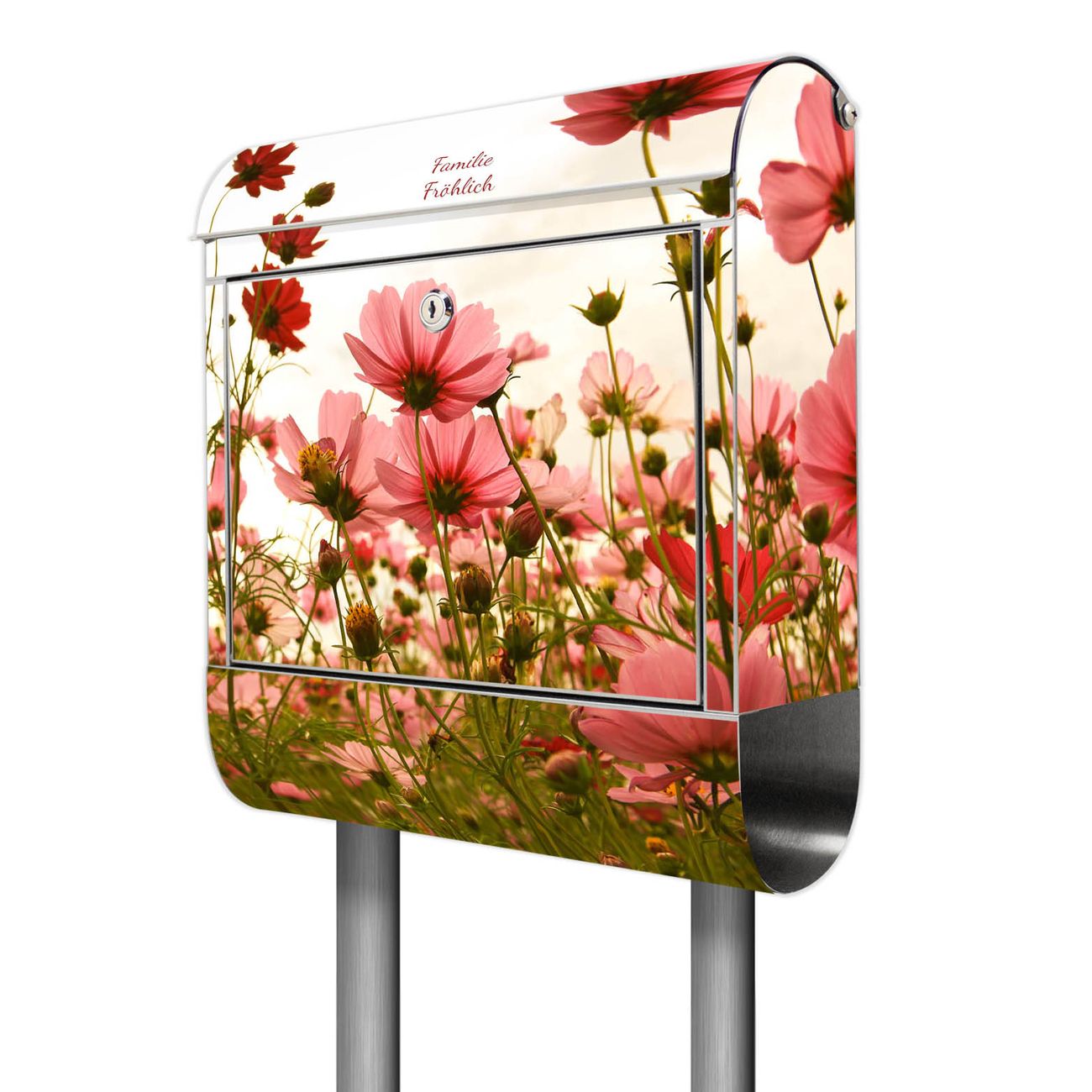 banjado Edelstahl Briefkasten rostfrei mit Standfuß und Zeitungsfach, Motiv Schmuckkörbchen 38x161,5x14cm - Postkasten A4 Einwurf inkl. Montagematerial