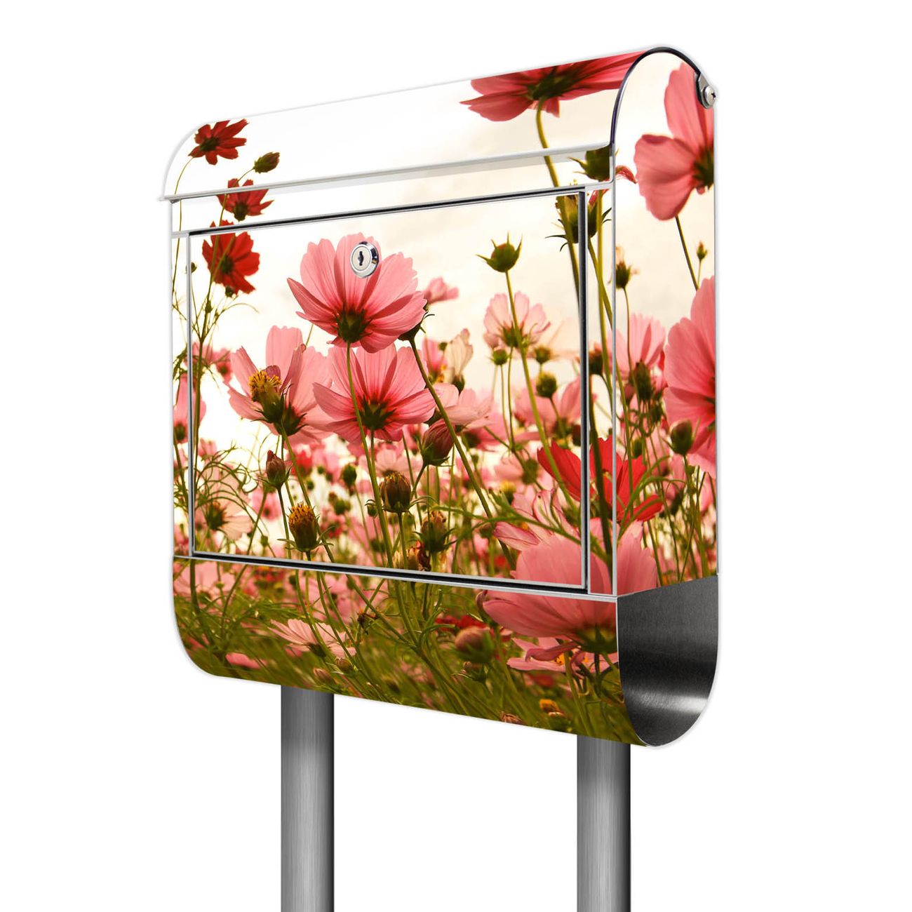 banjado Edelstahl Briefkasten rostfrei mit Standfuß und Zeitungsfach, Motiv Schmuckkörbchen 38x161,5x14cm - Postkasten A4 Einwurf inkl. Montagematerial