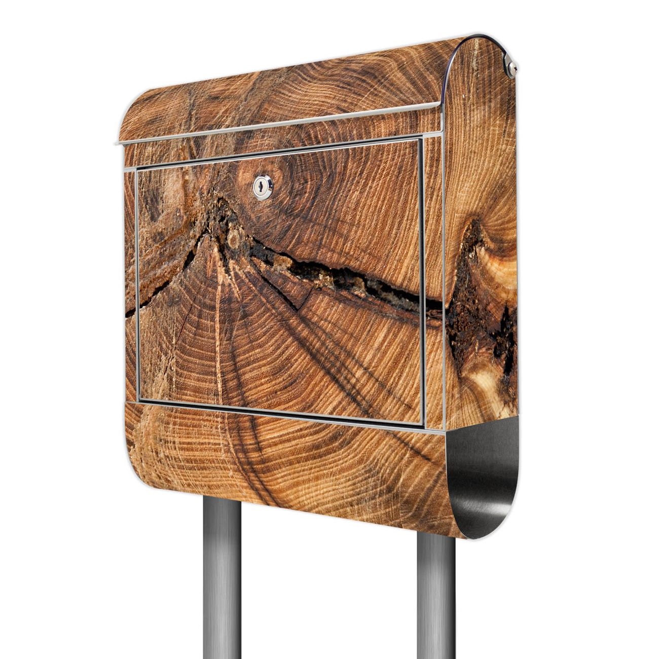 banjado Edelstahl Briefkasten freistehend mit Zeitungsbox und Motiv Jahresringe 38x161,5x14cm rostfreier 18/0 Edelstahl inkl. Montagematerial 2 Schlüssel