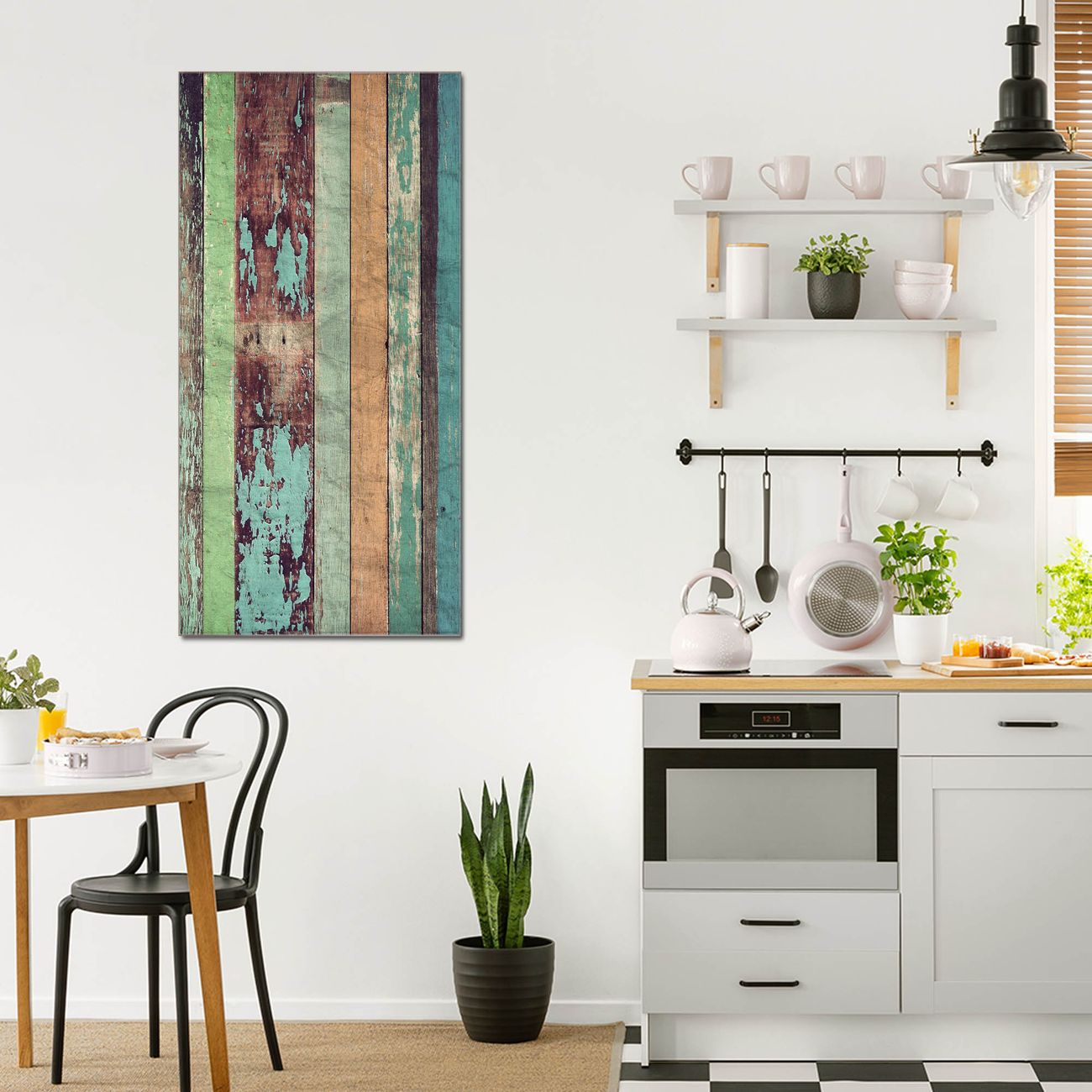 banjado Glas Wandbild 55 x 110 cm im Hochformat Holz bunt, hochwertig & farbbrilliant, rahmenlose & individuelle Aufhängung, 4mm starkes ESG Glas