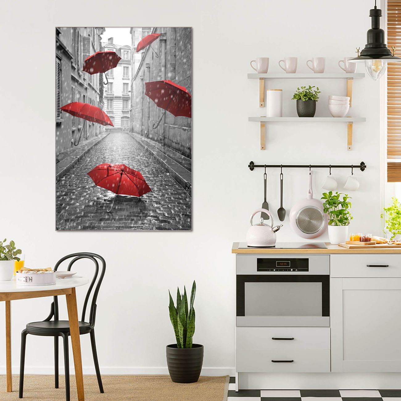 banjado Glas Wandbild  im Hochformat Rote Schirme, hochwertig & farbbrilliant, rahmenlose & individuelle Aufhängung, 4mm starkes ESG Glas