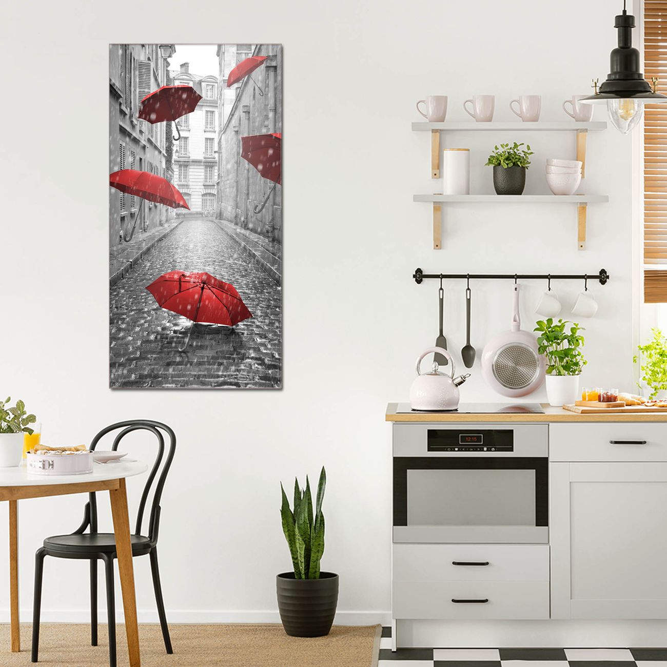 banjado Glas Wandbild 80 x 120 cm im Hochformat Rote Schirme, hochwertig & farbbrilliant, rahmenlose & individuelle Aufhängung, 4mm starkes ESG Glas