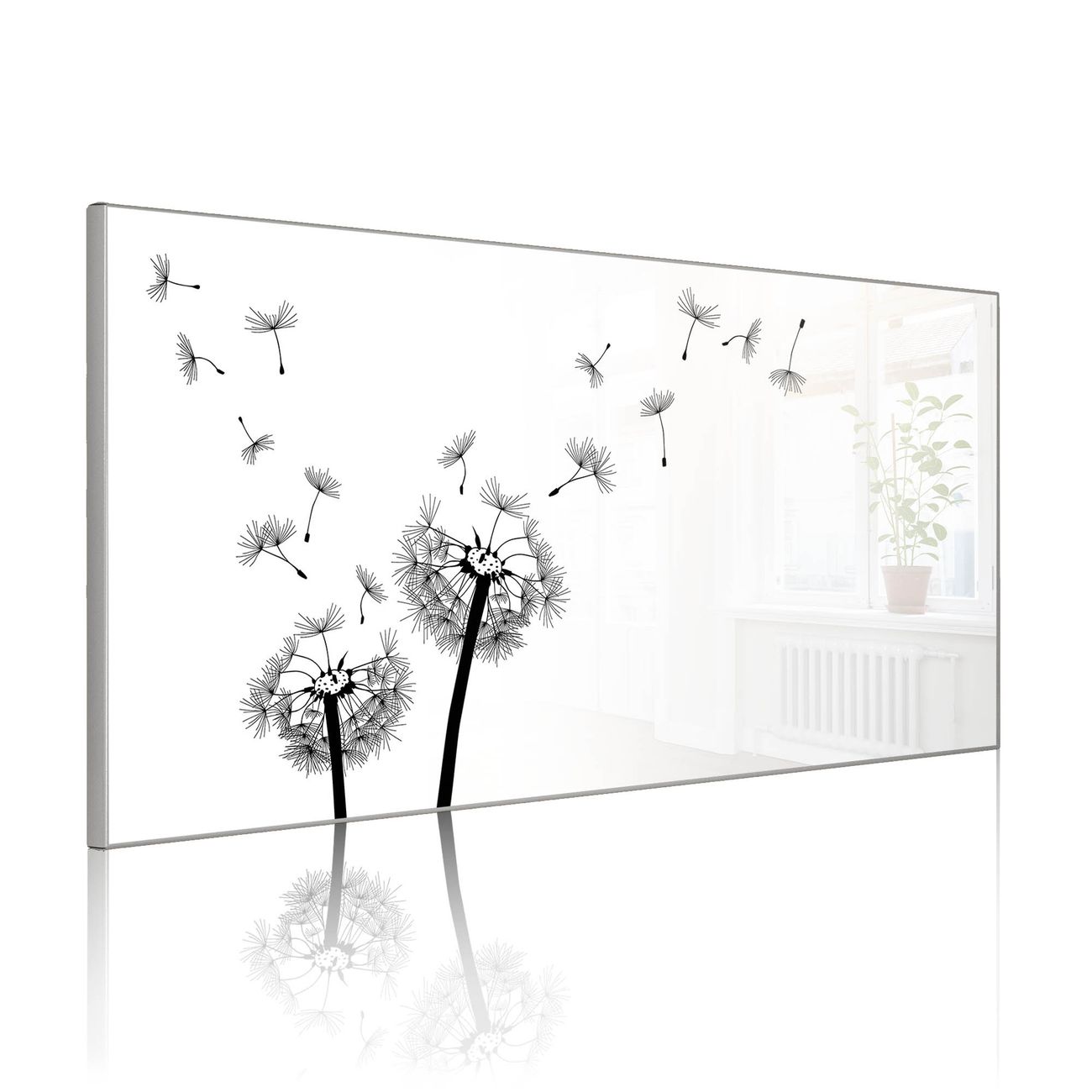banjado Metall Magnettafel 37x78cm Silber Querformat mit Motiv Pusteblume 2, Magnetwand inklusive Montagematerial und 4 Magneten, Pinnwand