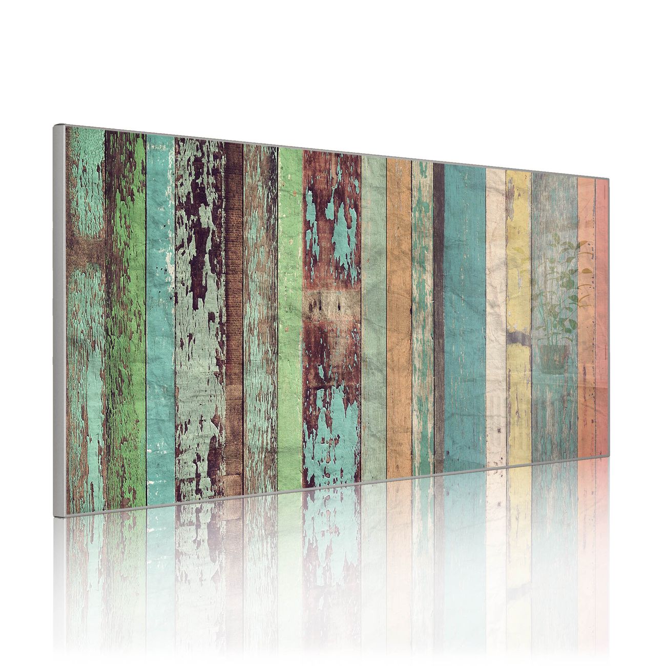 banjado Metall Magnettafel 37x78cm Silber Querformat mit Motiv Bunte Bretterwand, Magnetwand inklusive Montagematerial und 4 Magneten, Pinnwand