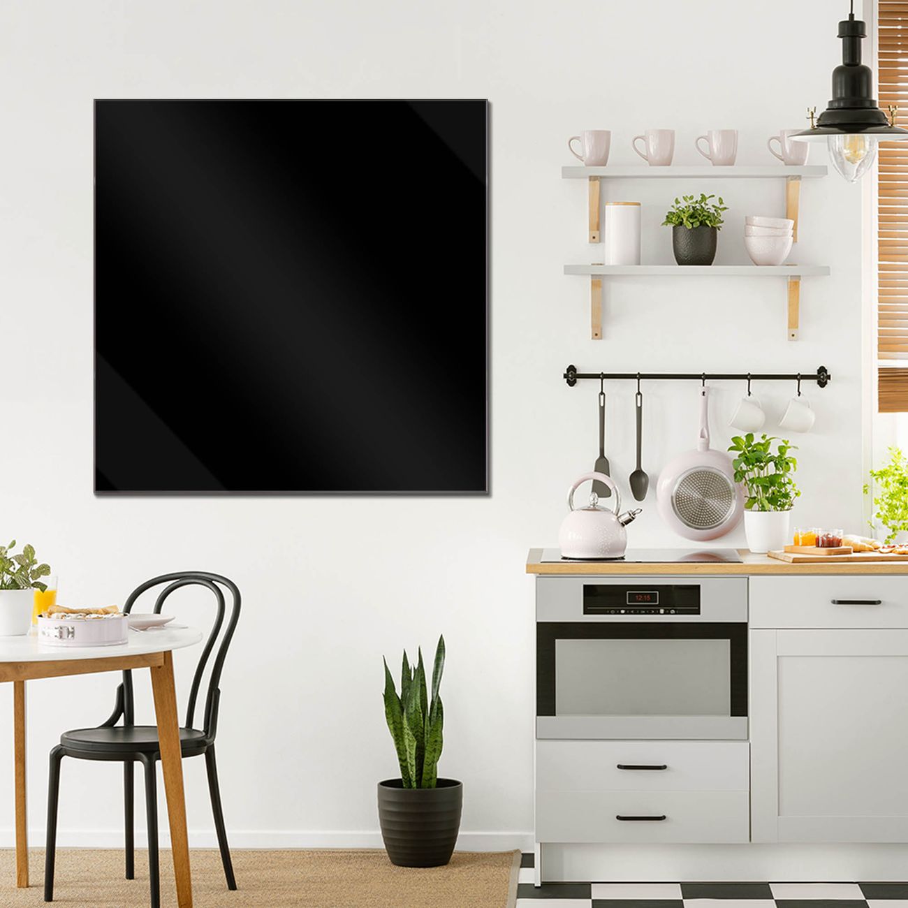 banjado Wandbild aus Echtglas Tiefschwarz quadratisch , hochwertig & farbbrilliant, rahmenlos & individuelle Aufhängung, 4mm starkes ESG
