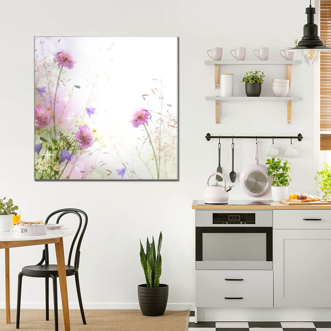 banjado Wandbild aus Echtglas Wiese Blumen quadratisch 60 x 60 cm, hochwertig & farbbrilliant, rahmenlos & individuelle Aufhängung, 4mm starkes ESG