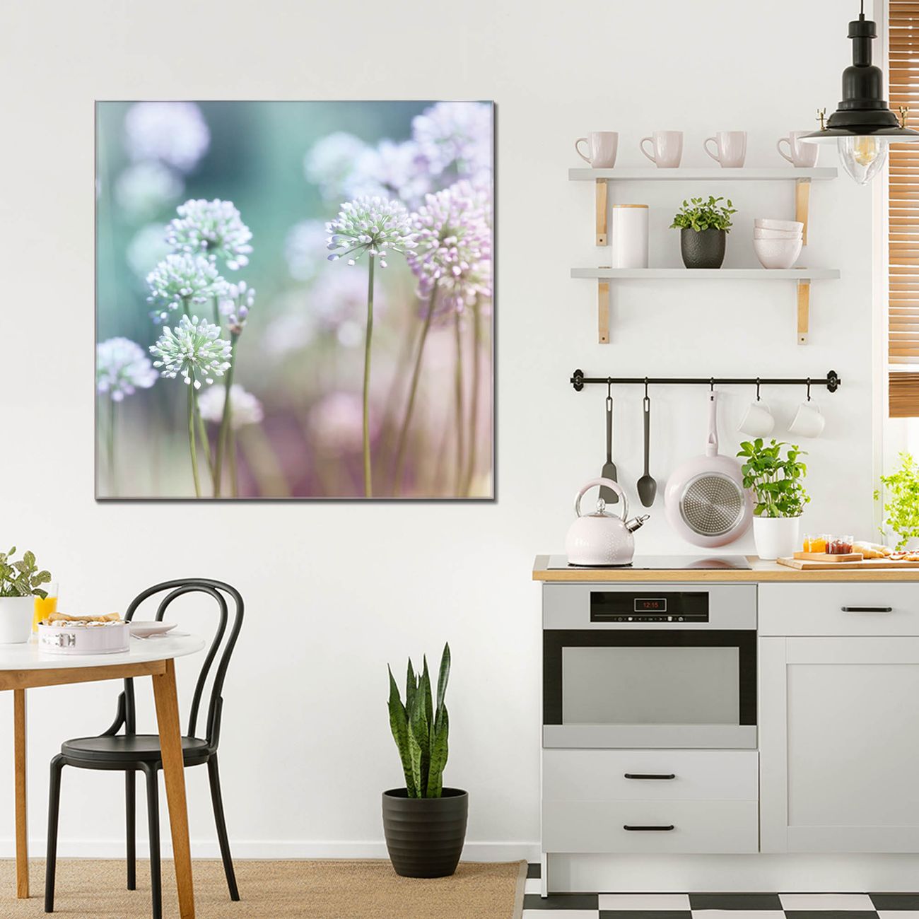 banjado Wandbild aus Echtglas Lauchblüte quadratisch 40 x 40 cm, hochwertig & farbbrilliant, rahmenlos & individuelle Aufhängung, 4mm starkes ESG