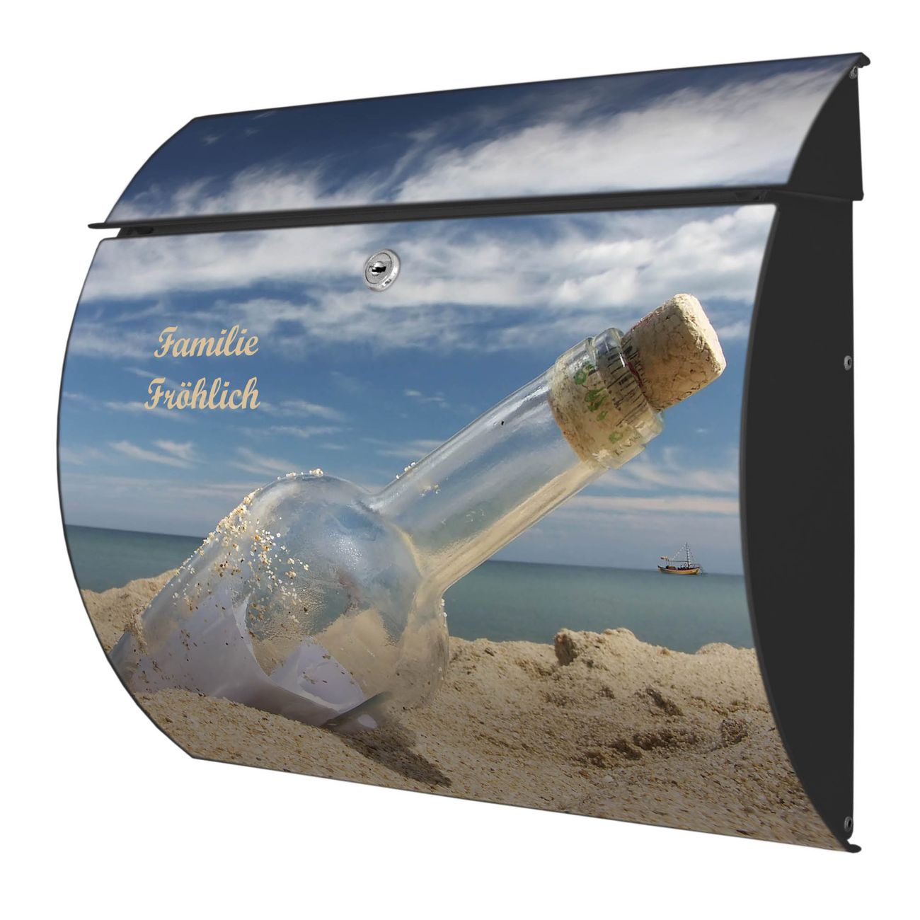 banjado Burg-Wächter Postkasten Toscana mit Motiv Flaschenpost 38x33x11cm, 2 Schlüssel - Briefkasten Edelstahl - A4 Einwurf Anthrazit