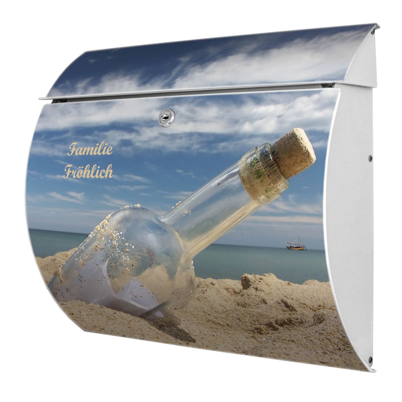 banjado Burg-Wächter Postkasten Toscana mit Motiv Flaschenpost 38x33x11cm, 2 Schlüssel - Briefkasten Edelstahl - A4 Einwurf Weiß