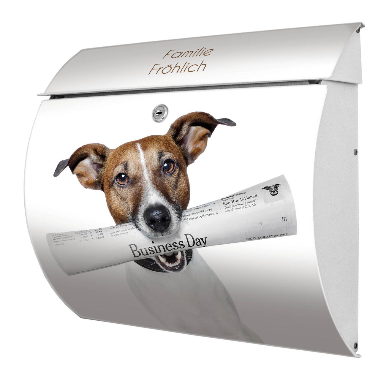 banjado Burg-Wächter Postkasten Toscana mit Motiv Business Day 38x33x11cm, 2 Schlüssel - Briefkasten Edelstahl - A4 Einwurf Weiß