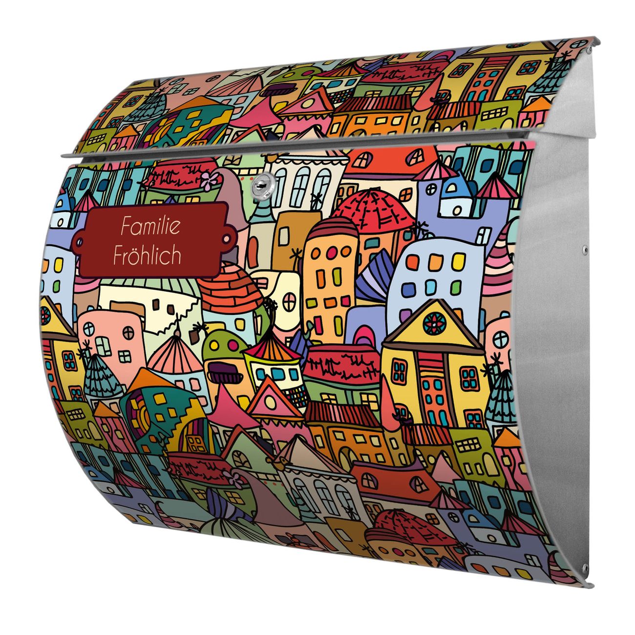 Burg-Wächter Edelstahl Briefkasten personalisiert mit Namen mit Motiv Funky Town