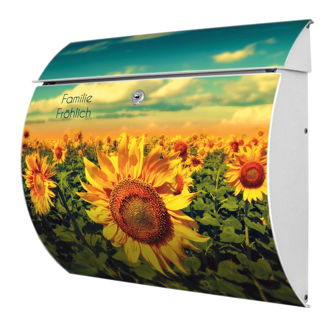 banjado Burg-Wächter Postkasten Toscana mit Motiv Sonnenblumen 38x33x11cm, 2 Schlüssel - Briefkasten Edelstahl - A4 Einwurf Weiß