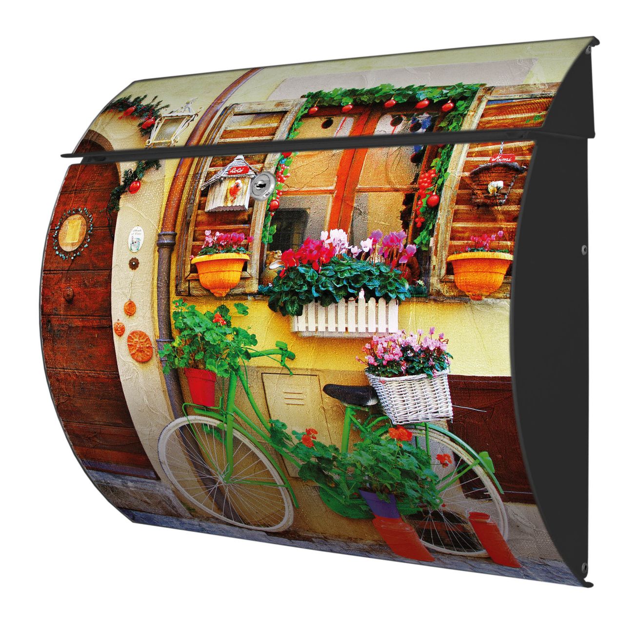 Burg-Wächter Toscana Briefkasten bunt mit Motiv Grünes Fahrrad 38x33x11cm - Stahl und Edelstahl, 2 Schlüssel, mit personalisierung Anthrazit